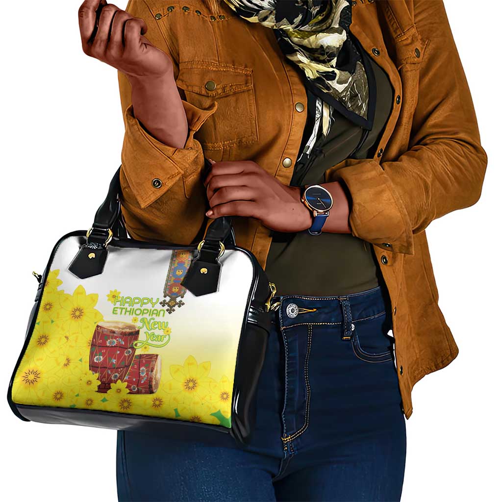 Melkam Enkutatash Ethiopian Shoulder Handbag Kebero Drum With Adey Abeba Flower - African Pride