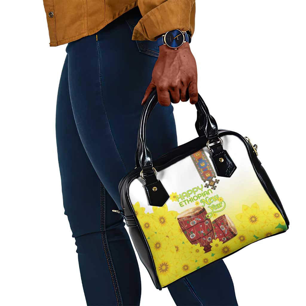 Melkam Enkutatash Ethiopian Shoulder Handbag Kebero Drum With Adey Abeba Flower - African Pride