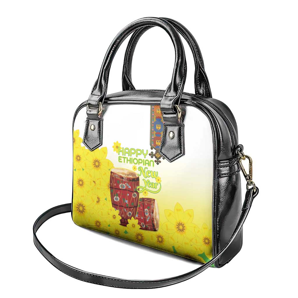 Melkam Enkutatash Ethiopian Shoulder Handbag Kebero Drum With Adey Abeba Flower - African Pride