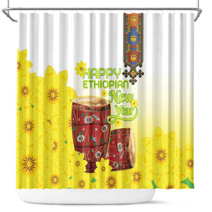 Melkam Enkutatash Ethiopian Shower Curtain Kebero Drum With Adey Abeba Flower - African Pride