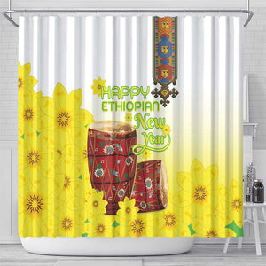 Melkam Enkutatash Ethiopian Shower Curtain Kebero Drum With Adey Abeba Flower - African Pride