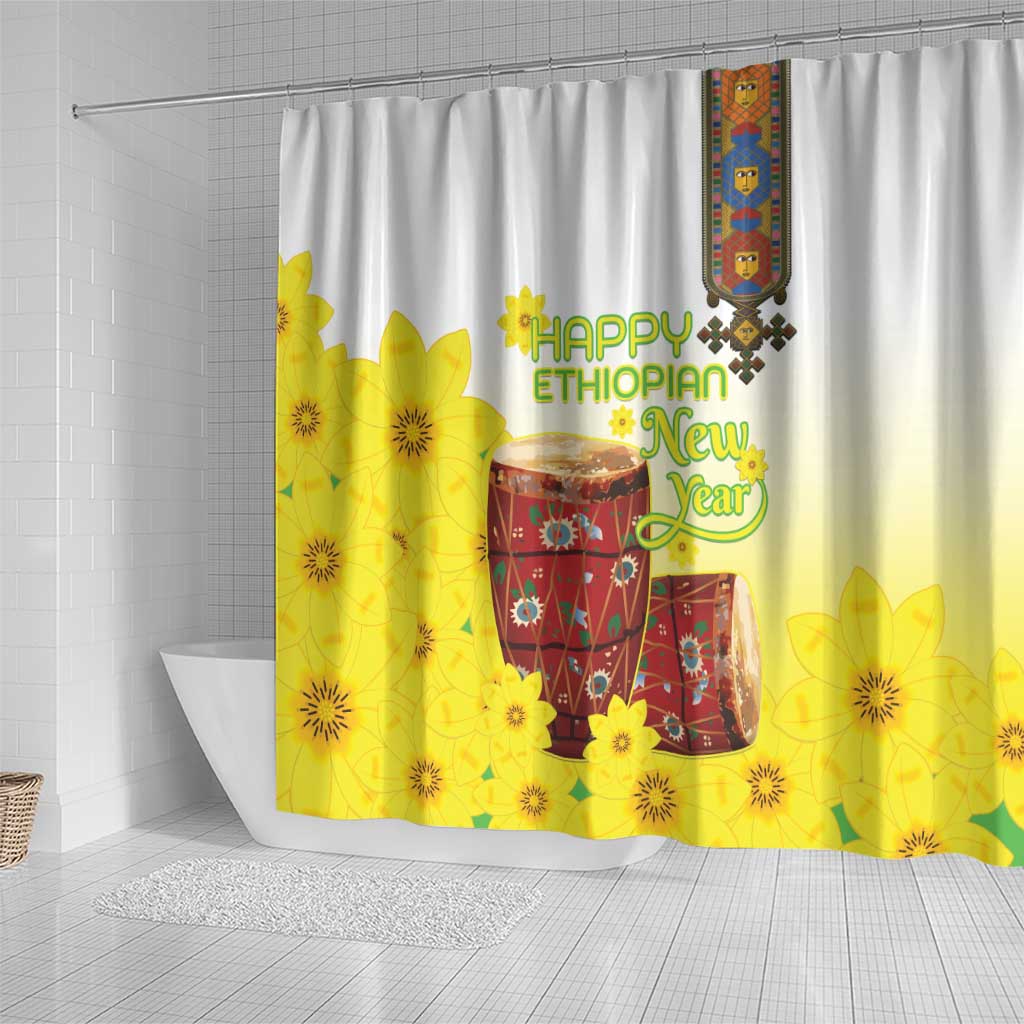 Melkam Enkutatash Ethiopian Shower Curtain Kebero Drum With Adey Abeba Flower - African Pride