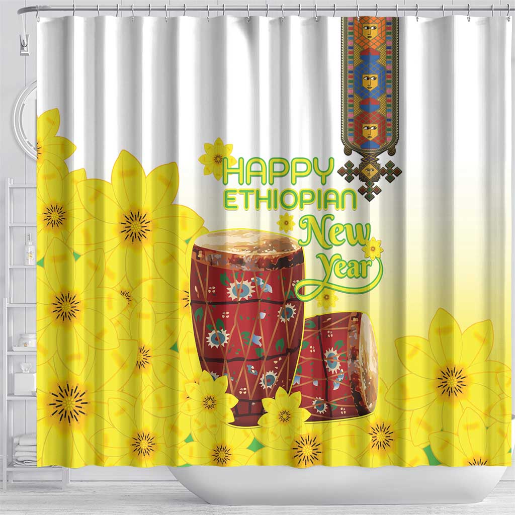 Melkam Enkutatash Ethiopian Shower Curtain Kebero Drum With Adey Abeba Flower - African Pride
