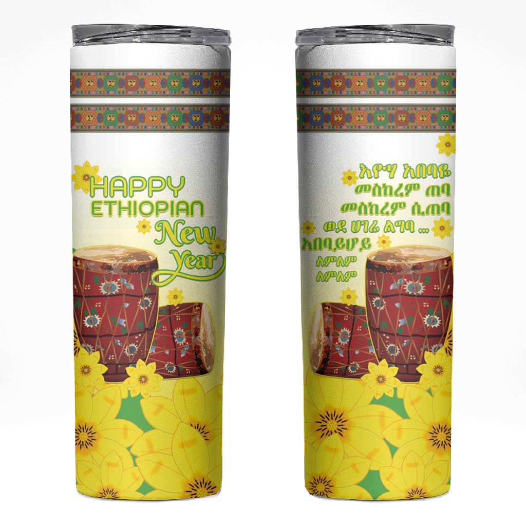 Melkam Enkutatash Ethiopian Skinny Tumbler Kebero Drum With Adey Abeba Flower - African Pride