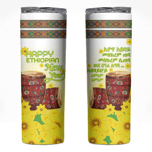 Melkam Enkutatash Ethiopian Skinny Tumbler Kebero Drum With Adey Abeba Flower - African Pride