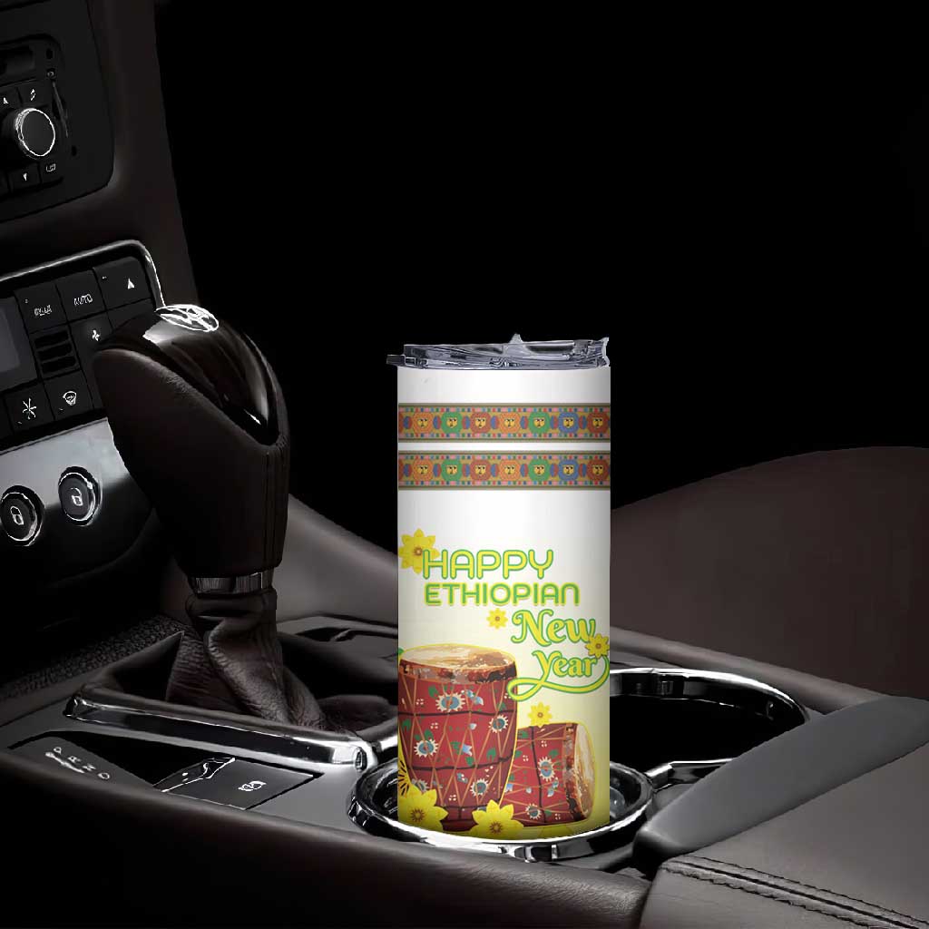 Melkam Enkutatash Ethiopian Skinny Tumbler Kebero Drum With Adey Abeba Flower - African Pride