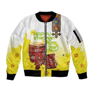 Melkam Enkutatash Ethiopian Sleeve Zip Bomber Jacket Kebero Drum With Adey Abeba Flower - African Pride