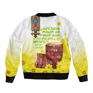 Melkam Enkutatash Ethiopian Sleeve Zip Bomber Jacket Kebero Drum With Adey Abeba Flower - African Pride