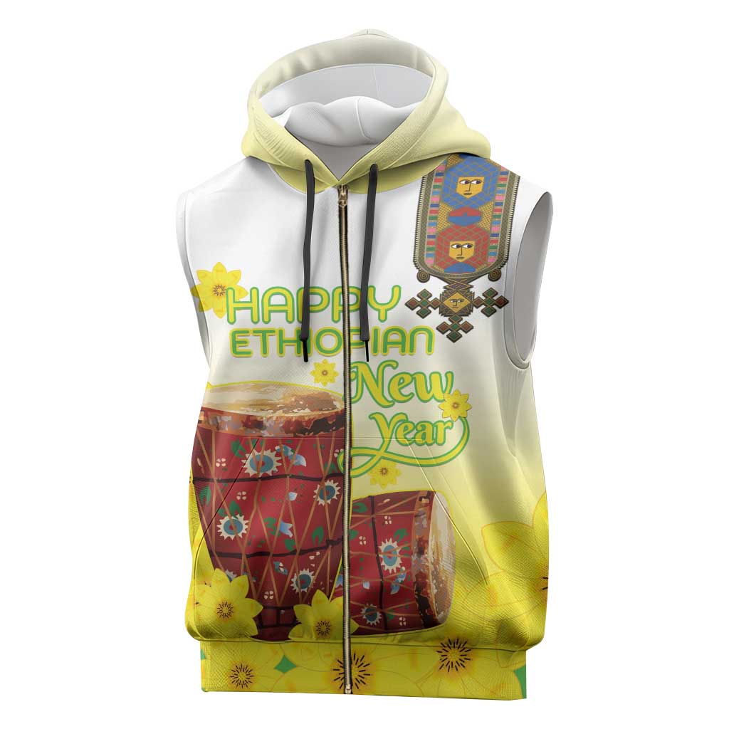 Melkam Enkutatash Ethiopian Sleeveless Zip Hoodie Kebero Drum With Adey Abeba Flower - African Pride