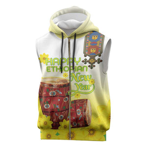 Melkam Enkutatash Ethiopian Sleeveless Zip Hoodie Kebero Drum With Adey Abeba Flower - African Pride