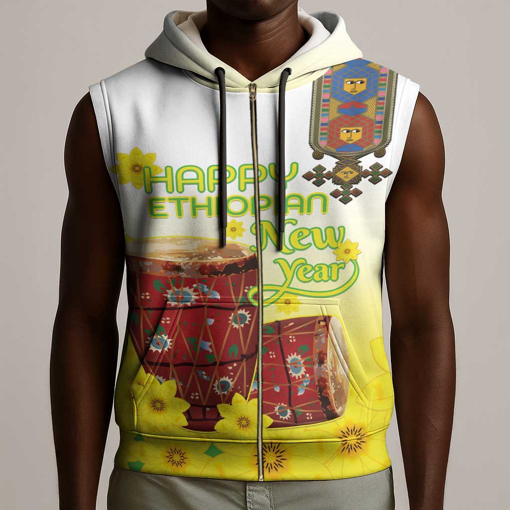 Melkam Enkutatash Ethiopian Sleeveless Zip Hoodie Kebero Drum With Adey Abeba Flower - African Pride