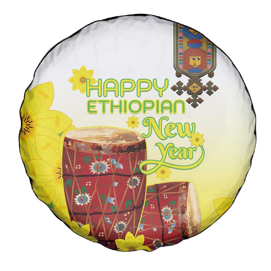 Melkam Enkutatash Ethiopian Spare Tire Cover Kebero Drum With Adey Abeba Flower - African Pride