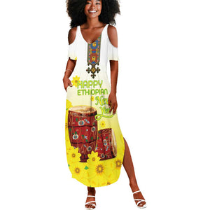 Melkam Enkutatash Ethiopian Summer Maxi Dress Kebero Drum With Adey Abeba Flower - African Pride