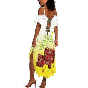 Melkam Enkutatash Ethiopian Summer Maxi Dress Kebero Drum With Adey Abeba Flower - African Pride