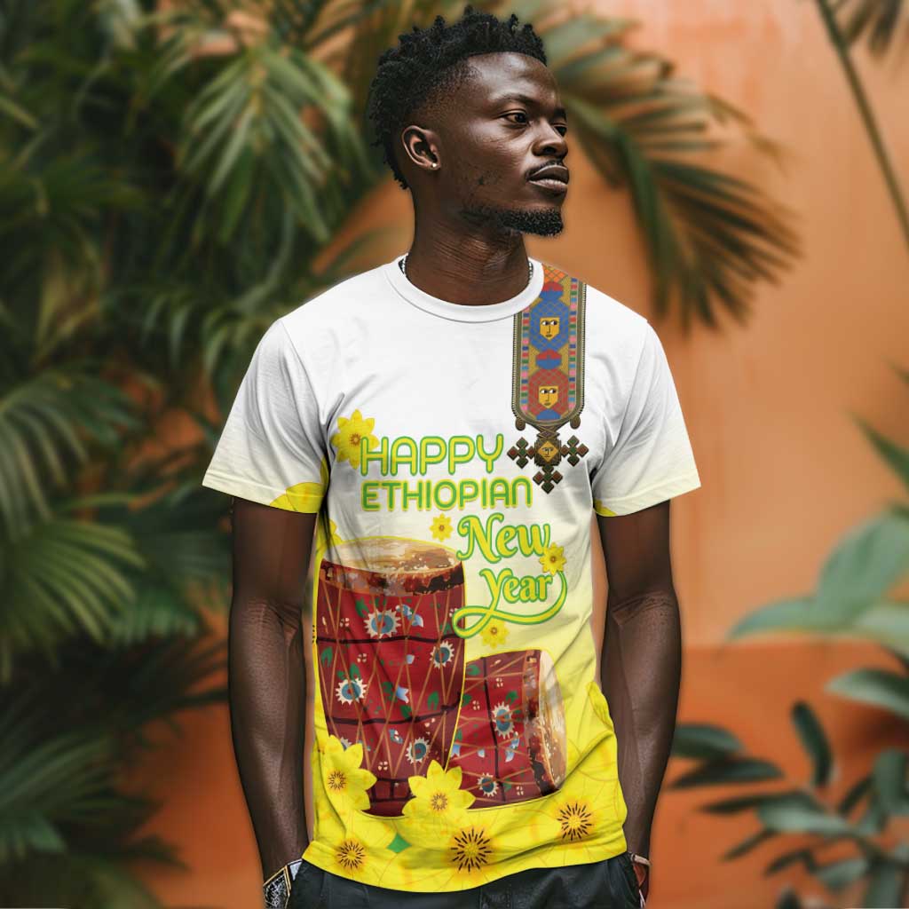Melkam Enkutatash Ethiopian T shirt Kebero Drum With Adey Abeba Flower - African Pride