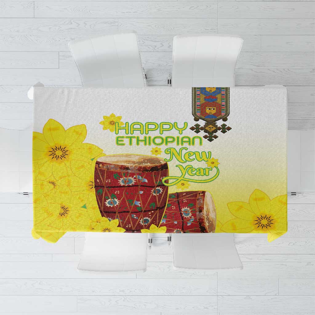 Melkam Enkutatash Ethiopian Tablecloth Kebero Drum With Adey Abeba Flower - African Pride