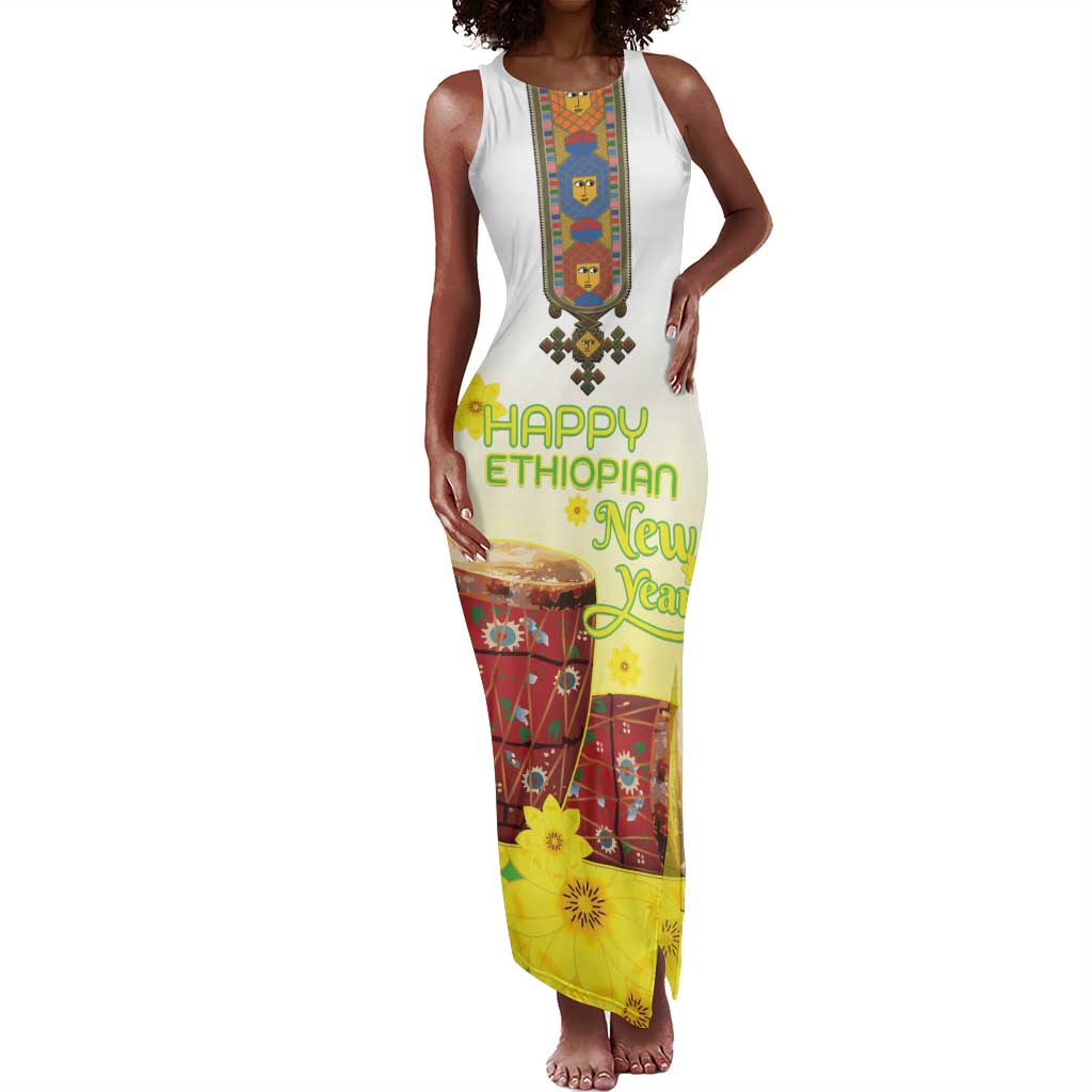Melkam Enkutatash Ethiopian Tank Maxi Dress Kebero Drum With Adey Abeba Flower - African Pride