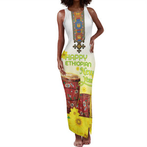 Melkam Enkutatash Ethiopian Tank Maxi Dress Kebero Drum With Adey Abeba Flower - African Pride