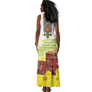 Melkam Enkutatash Ethiopian Tank Maxi Dress Kebero Drum With Adey Abeba Flower - African Pride