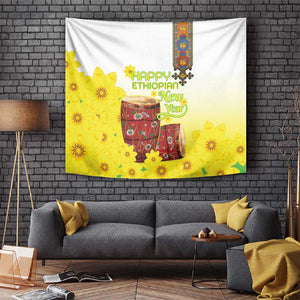 Melkam Enkutatash Ethiopian Tapestry Kebero Drum With Adey Abeba Flower - African Pride