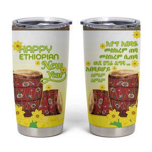 Melkam Enkutatash Ethiopian Tumbler Cup Kebero Drum With Adey Abeba Flower - African Pride