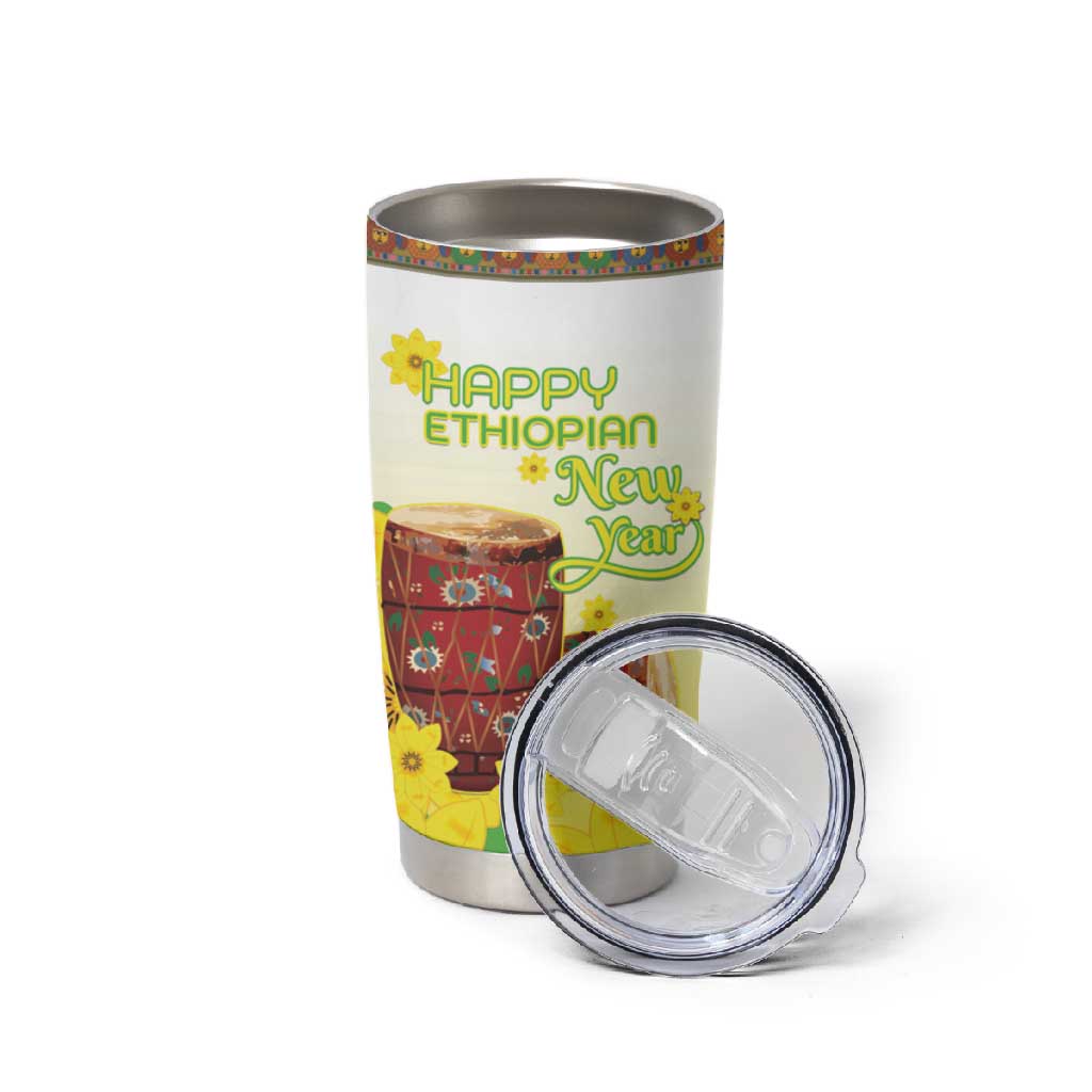 Melkam Enkutatash Ethiopian Tumbler Cup Kebero Drum With Adey Abeba Flower - African Pride