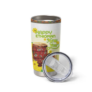 Melkam Enkutatash Ethiopian Tumbler Cup Kebero Drum With Adey Abeba Flower - African Pride