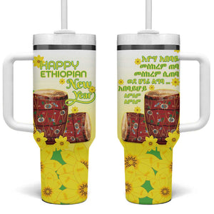 Melkam Enkutatash Ethiopian Tumbler With Handle Kebero Drum With Adey Abeba Flower - African Pride