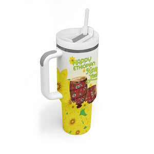 Melkam Enkutatash Ethiopian Tumbler With Handle Kebero Drum With Adey Abeba Flower - African Pride