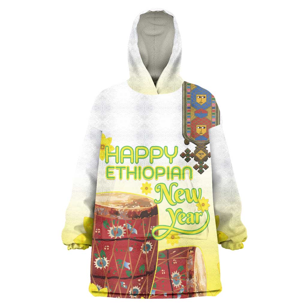 Melkam Enkutatash Ethiopian Wearable Blanket Hoodie Kebero Drum With Adey Abeba Flower - African Pride