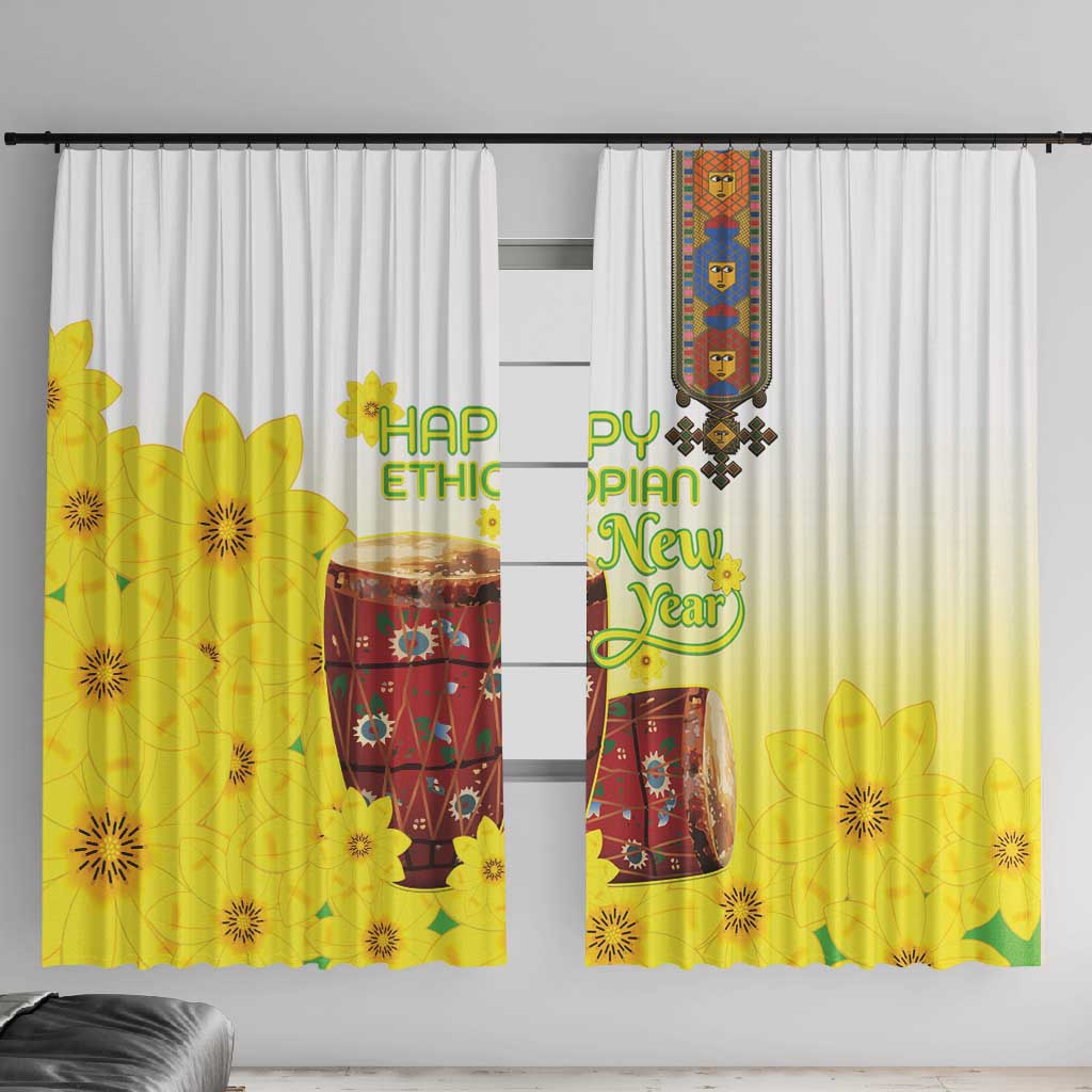 Melkam Enkutatash Ethiopian Window Curtain Kebero Drum With Adey Abeba Flower - African Pride