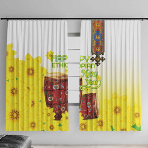 Melkam Enkutatash Ethiopian Window Curtain Kebero Drum With Adey Abeba Flower - African Pride