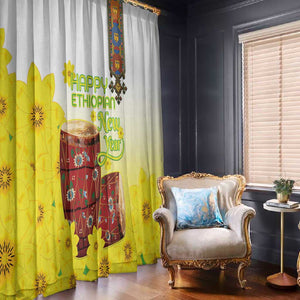 Melkam Enkutatash Ethiopian Window Curtain Kebero Drum With Adey Abeba Flower - African Pride