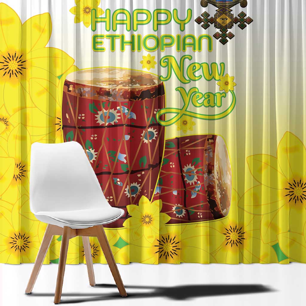 Melkam Enkutatash Ethiopian Window Curtain Kebero Drum With Adey Abeba Flower - African Pride