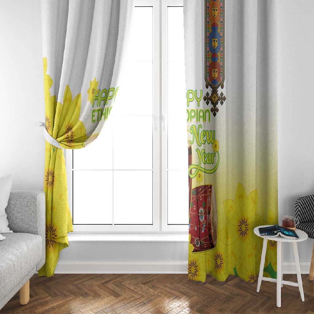 Melkam Enkutatash Ethiopian Window Curtain Kebero Drum With Adey Abeba Flower - African Pride