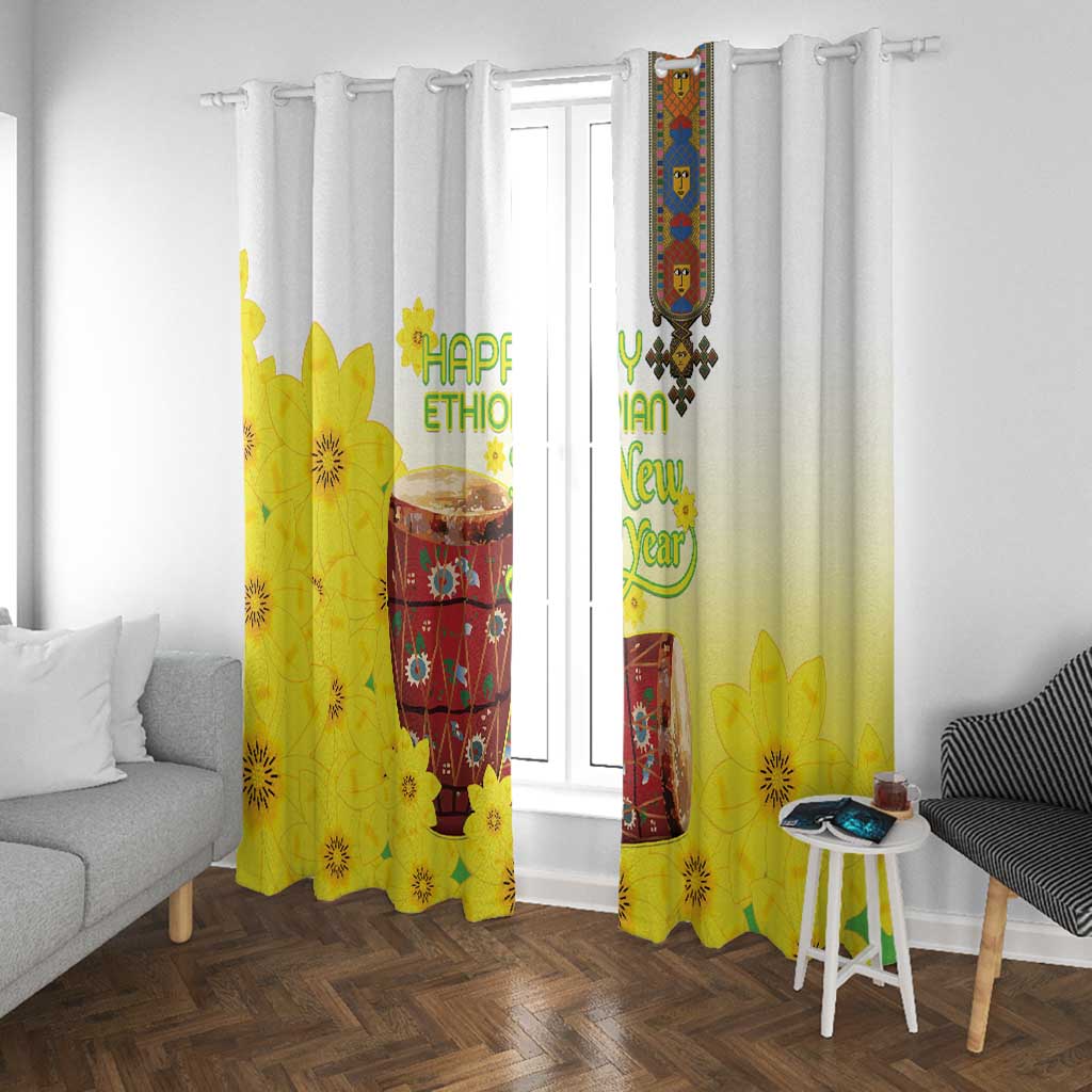 Melkam Enkutatash Ethiopian Window Curtain Kebero Drum With Adey Abeba Flower - African Pride