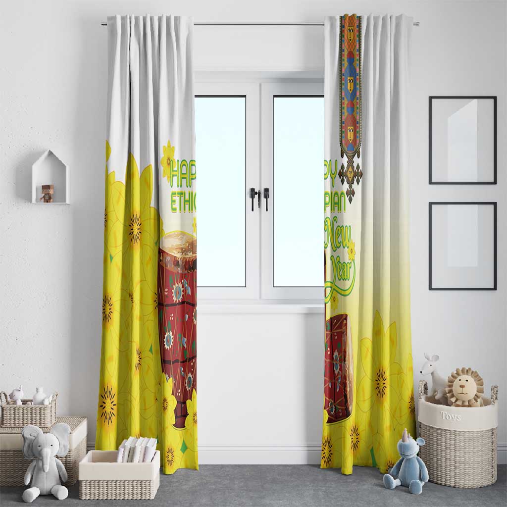 Melkam Enkutatash Ethiopian Window Curtain Kebero Drum With Adey Abeba Flower - African Pride