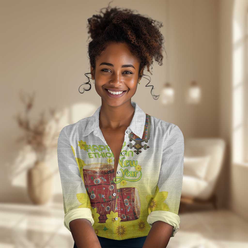 Melkam Enkutatash Ethiopian Women Casual Shirt Kebero Drum With Adey Abeba Flower - African Pride