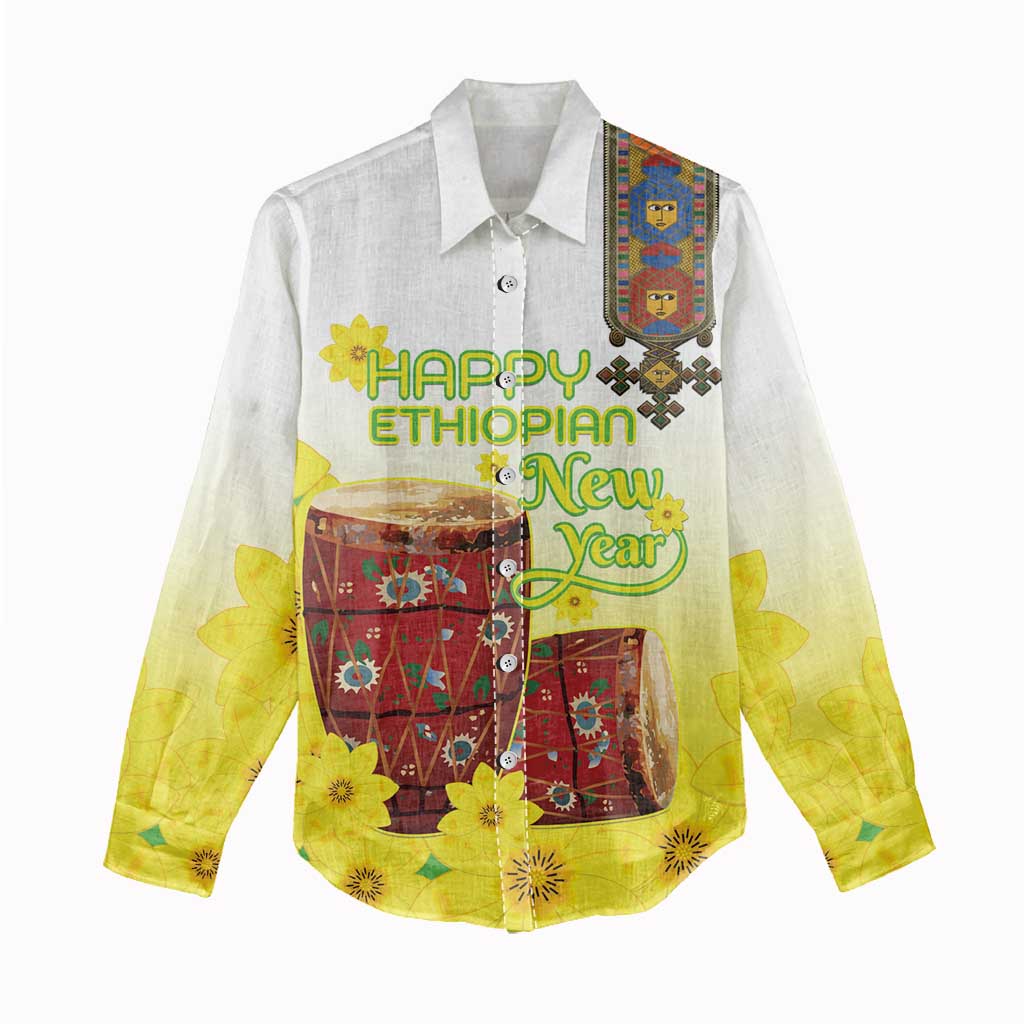 Melkam Enkutatash Ethiopian Women Casual Shirt Kebero Drum With Adey Abeba Flower - African Pride