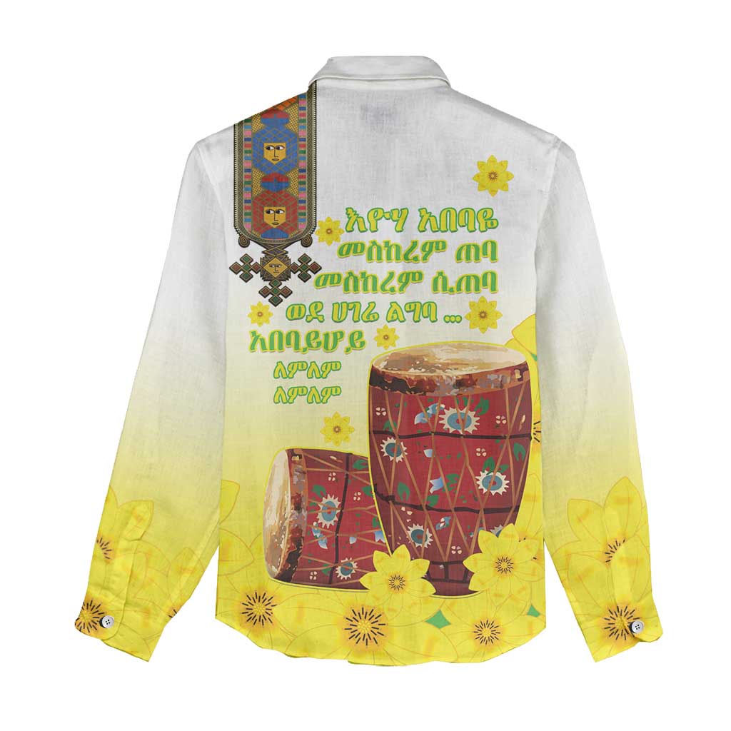 Melkam Enkutatash Ethiopian Women Casual Shirt Kebero Drum With Adey Abeba Flower - African Pride