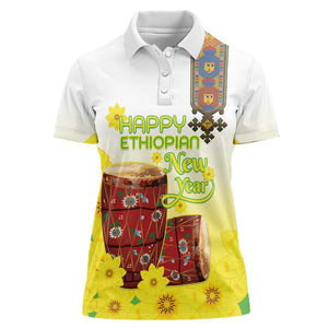 Melkam Enkutatash Ethiopian Women Polo Shirt Kebero Drum With Adey Abeba Flower - African Pride