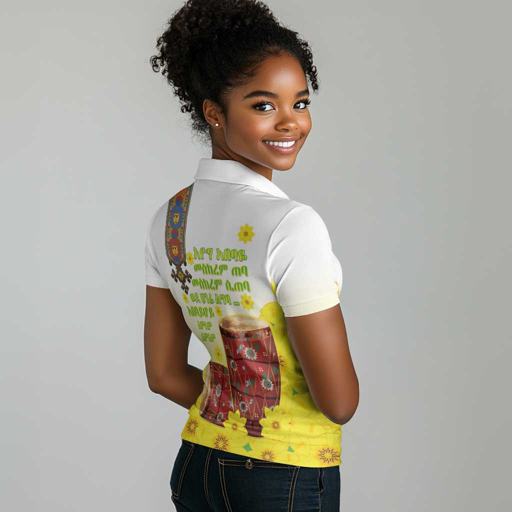 Melkam Enkutatash Ethiopian Women Polo Shirt Kebero Drum With Adey Abeba Flower - African Pride