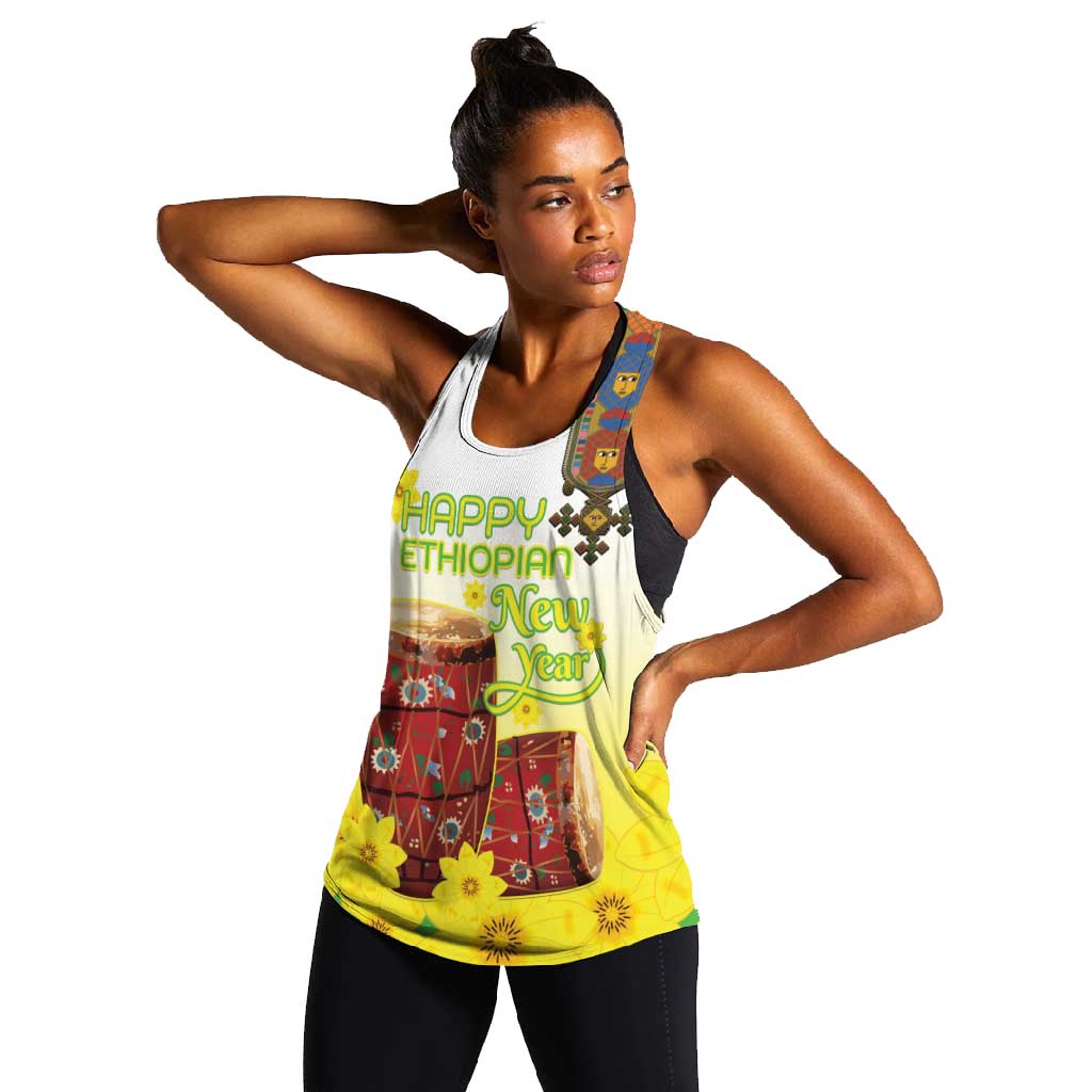 Melkam Enkutatash Ethiopian Women Racerback Tank Kebero Drum With Adey Abeba Flower - African Pride