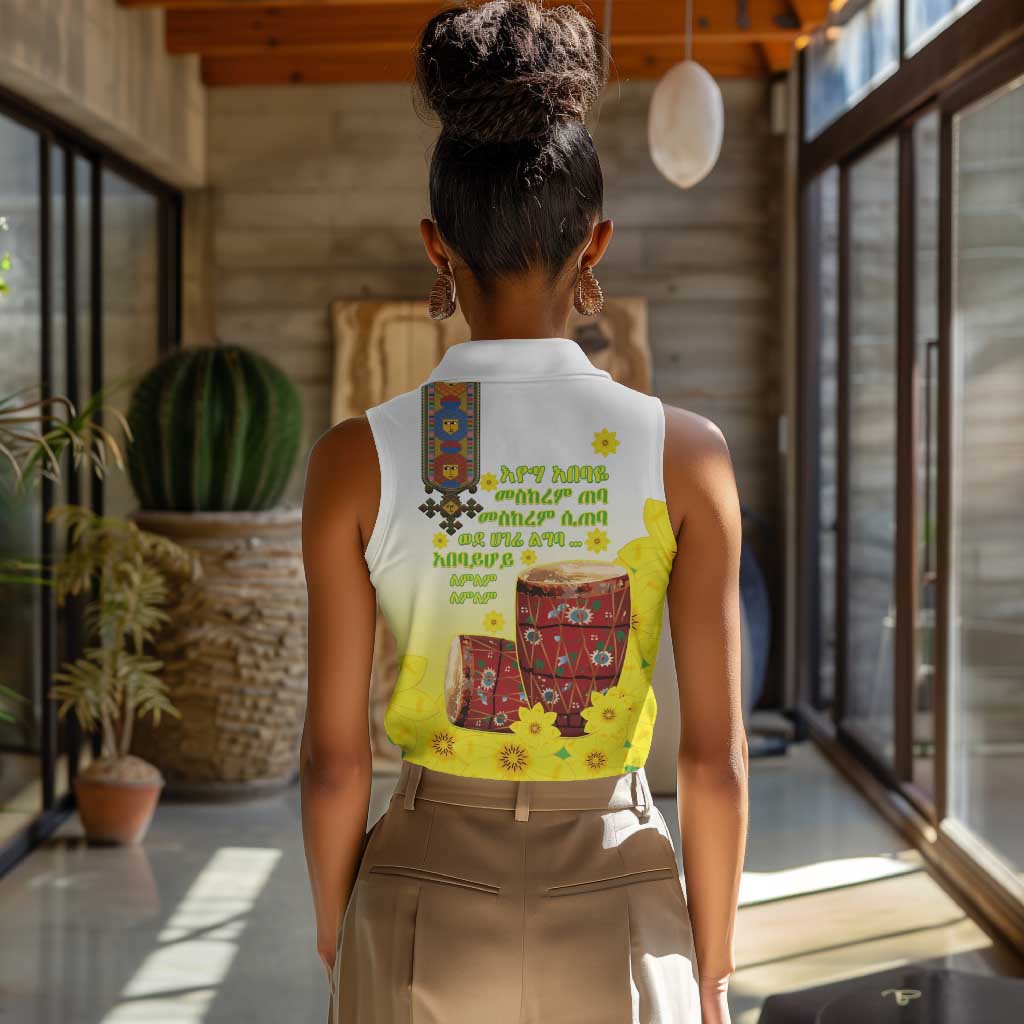 Melkam Enkutatash Ethiopian Women Sleeveless Polo Shirt Kebero Drum With Adey Abeba Flower - African Pride