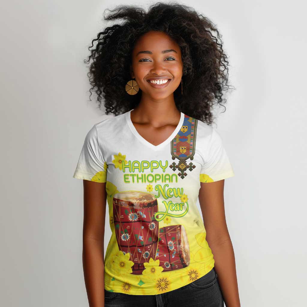 Melkam Enkutatash Ethiopian Women V-Neck T-Shirt Kebero Drum With Adey Abeba Flower - African Pride