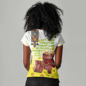 Melkam Enkutatash Ethiopian Women V-Neck T-Shirt Kebero Drum With Adey Abeba Flower - African Pride