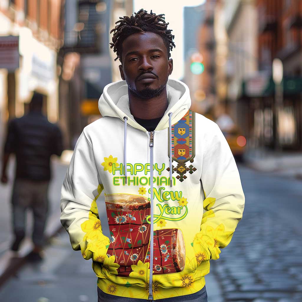 Melkam Enkutatash Ethiopian Zip Hoodie Kebero Drum With Adey Abeba Flower - African Pride
