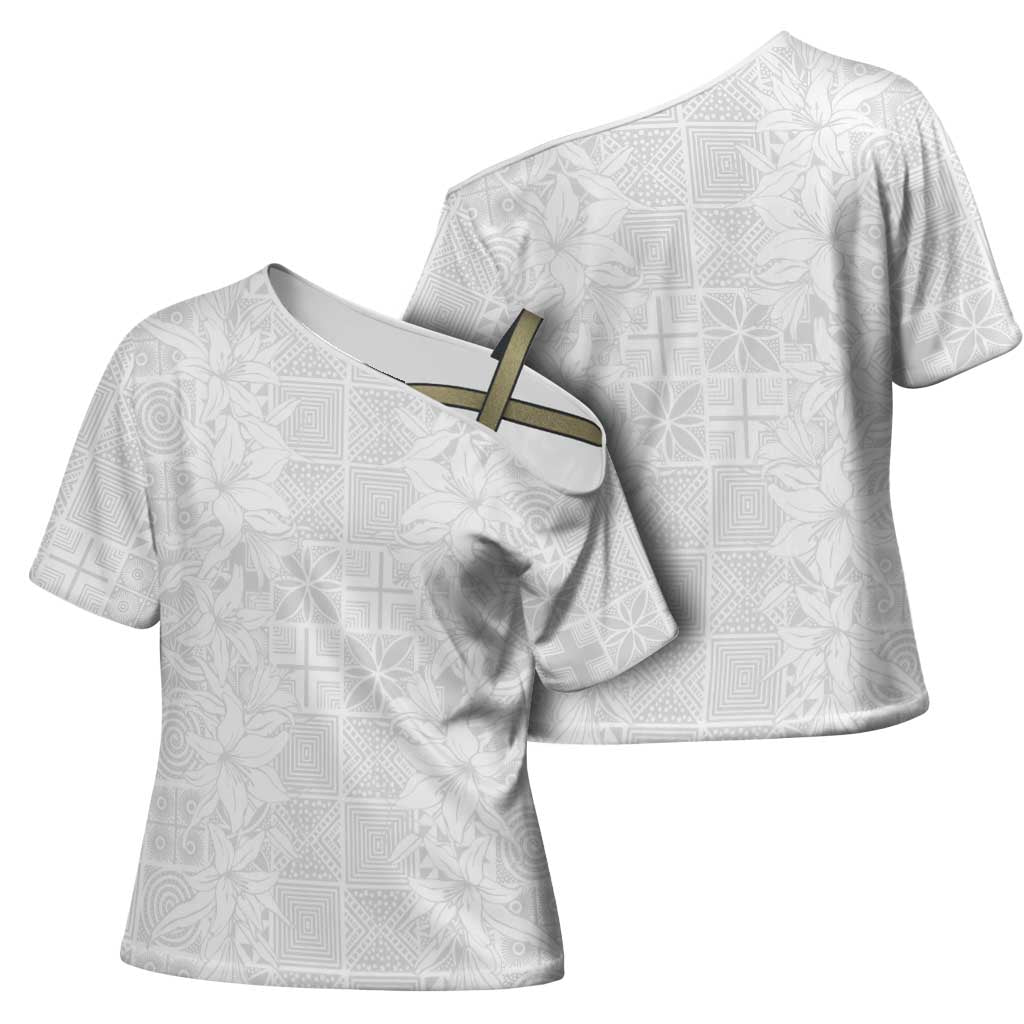 Nigeria Osun-Osogbo Festival Cross Shoulder Shirt White Lily Lei With Yoruba Pattern