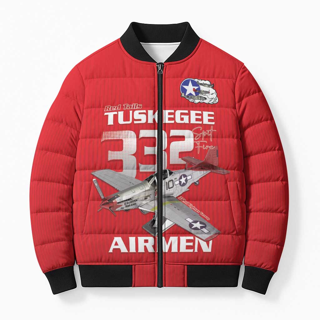 Tuskegee Red Tails Airmen Bomber Puffer Jacket P-51 Mustang 332nd Fighter Group - Red