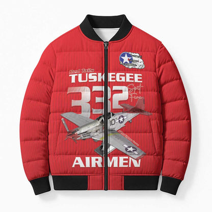 Tuskegee Red Tails Airmen Bomber Puffer Jacket P-51 Mustang 332nd Fighter Group - Red